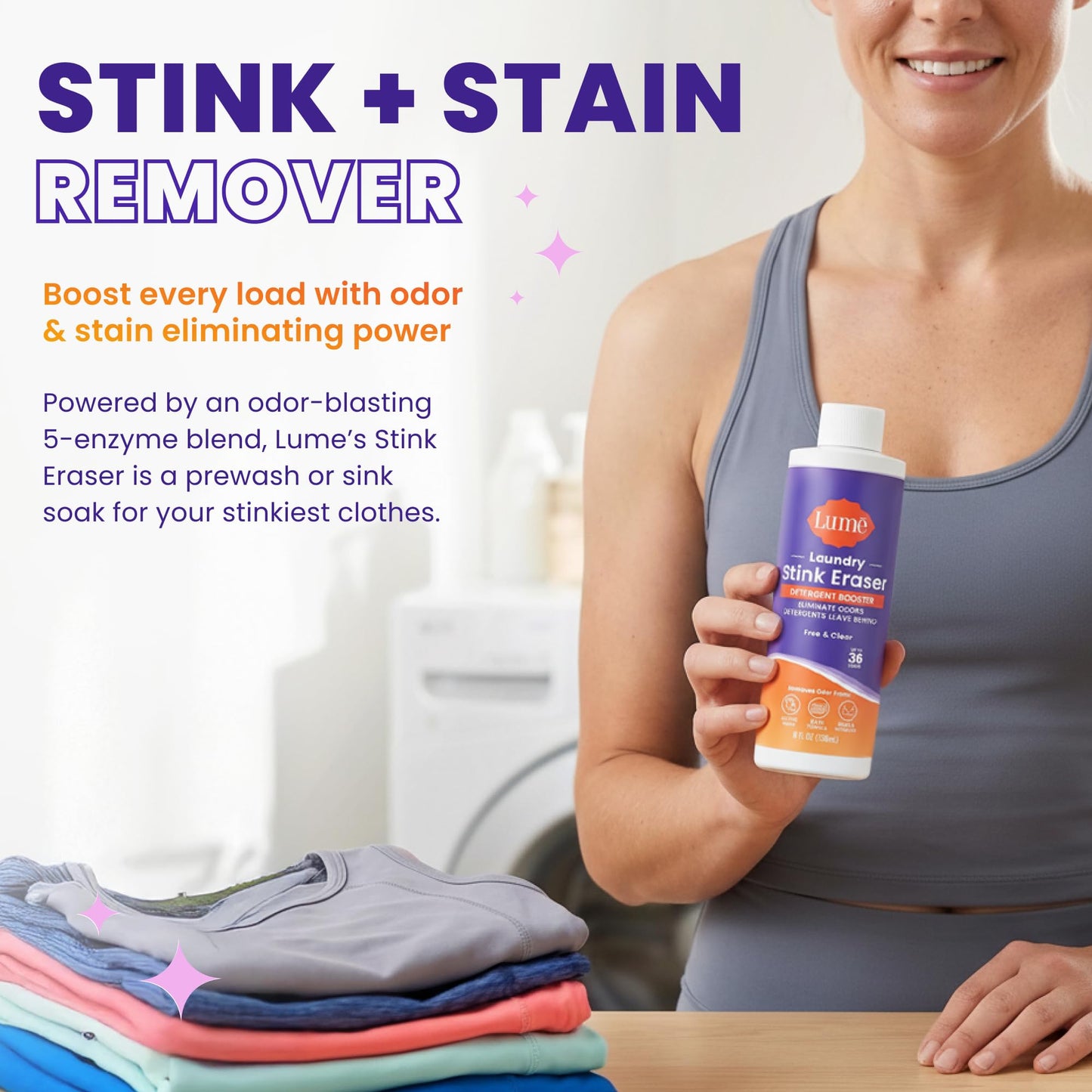 Lume Laundry Stink & Stain Eraser - Detergent Booster & Sink Soak - Eliminates Body Odor In Clothes - Odor Blasting Enzyme Blend - Make Your Detergent