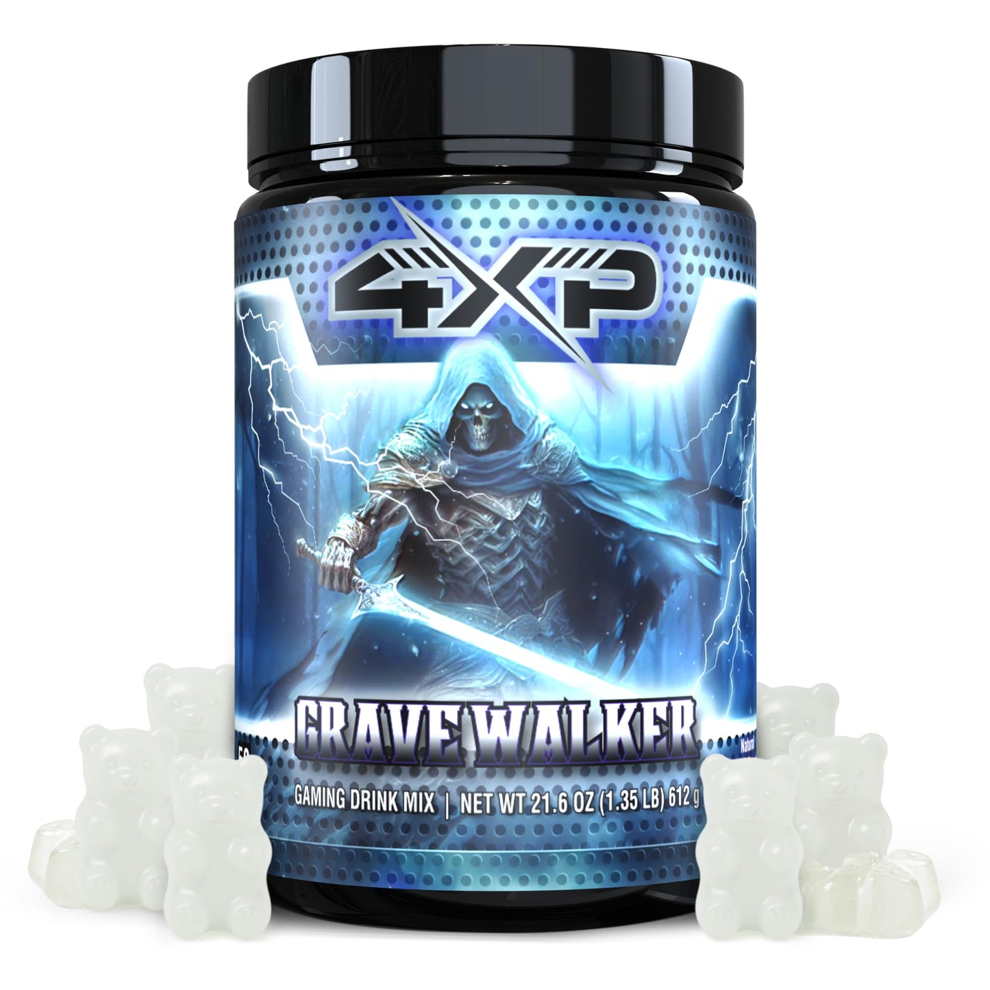 4XP Gravewalker White Gummy Gaming Energy Drink Mix| Low-Caffeine Nootropic Powder with B Vitamins & White Gummy Flavor for Gamers | 50-Serving