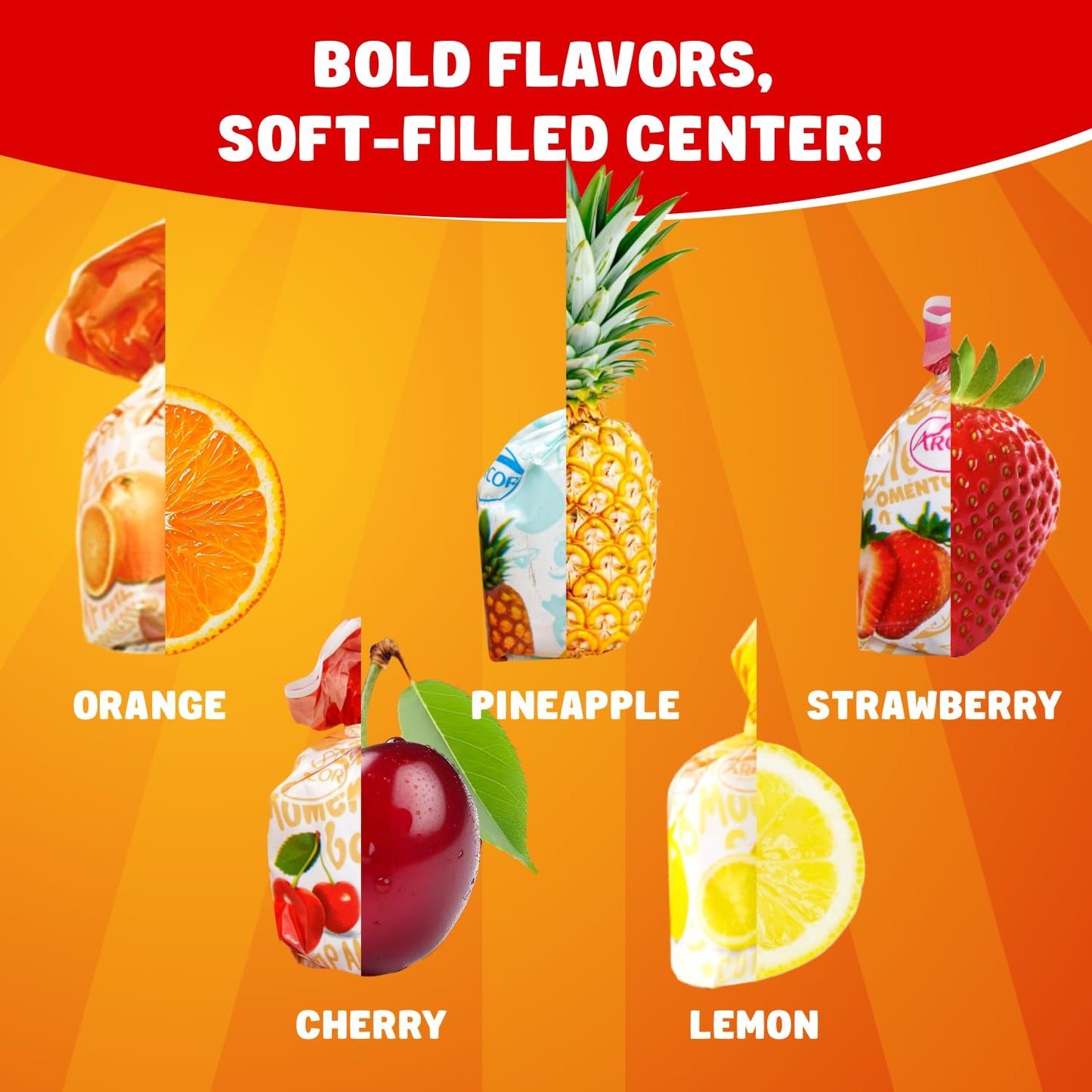 Arcor FRUIT FILLED Hard Candy 2 lb - Individually Wrapped, Old Fashioned Bulk Candy, 5 Assorted Flavors, Hard Shell and Chewy Center, Resealable Bag