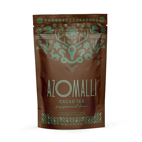 Peppermint Brew Cacao Shell Tea, Organic Cacao & Peppermint Herbal Blend, 15 Non-Toxic, Food-Grade Material Pyramid Sachets, Naturally Caffeine-Free