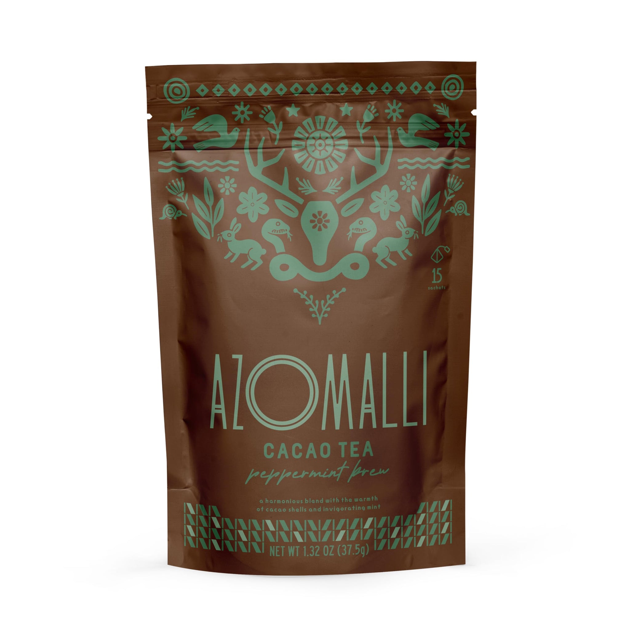 Peppermint Brew Cacao Shell Tea, Organic Cacao & Peppermint Herbal Blend, 15 Non-Toxic, Food-Grade Material Pyramid Sachets, Naturally Caffeine-Free