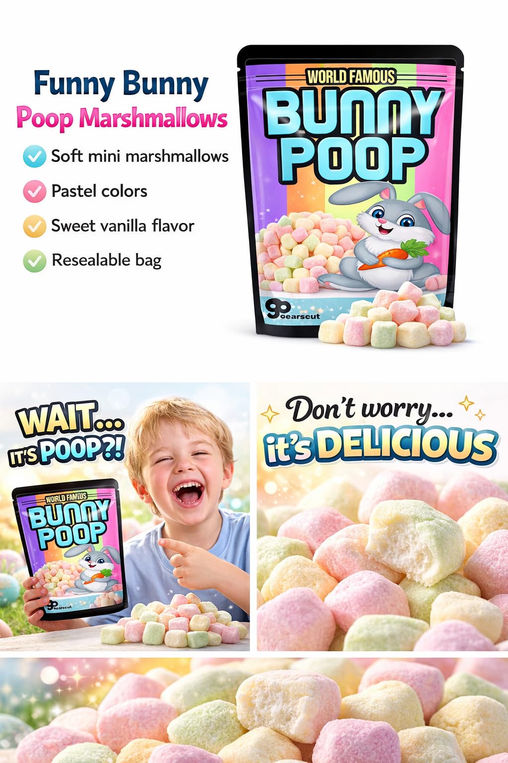 Bunny Poop Marshmallows - Funny Easter Candy Gag Gift, Colorful Mini Mallows Snack Bags, Easter Basket Stuffers for Kids, Teens & Adults, White