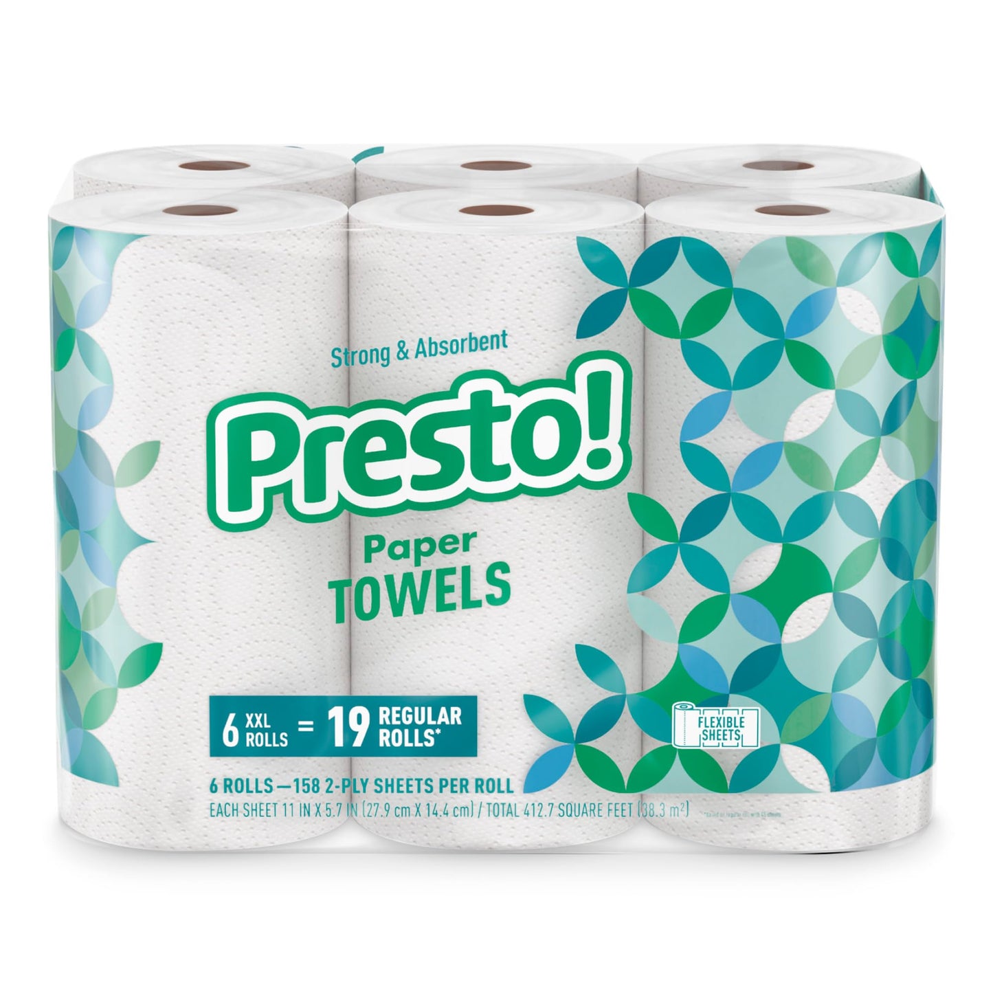 Amazon Brand - Presto! Ultra-Strong Premium Paper Towels, 158 Sheet Huge roll - Flex-a-Size, 6 Rolls, Equivalent to 19 Regular Rolls, White