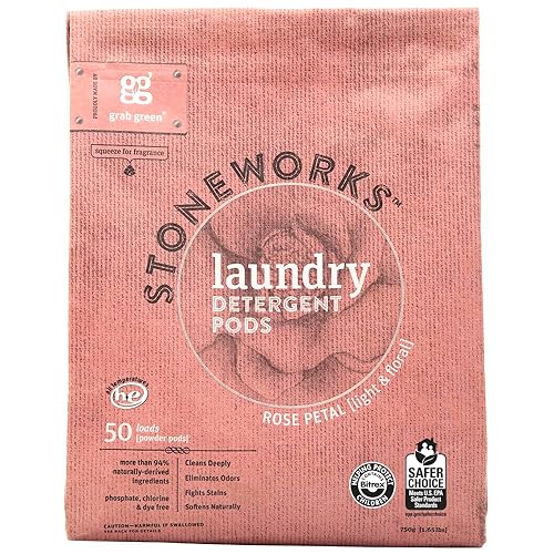Grab Green Stoneworks Laundry Detergent Pods, Powered by Naturally-Derived Plant & Mineral-Based Powder Pods, Rose Petal, 50 Count (Pack of 1)
