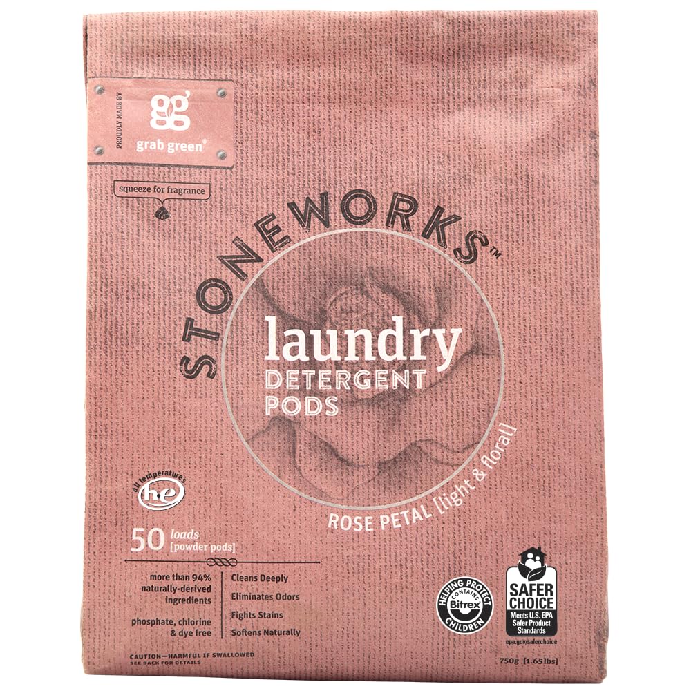 Grab Green Stoneworks Laundry Detergent Pods, Powered by Naturally-Derived Plant & Mineral-Based Powder Pods, Rose Petal, 50 Count (Pack of 1)