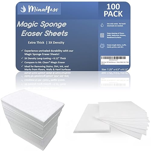 MinnYaso 100 Pack Extra Large - Extra Thick - Super Durable Magic Sponge Eraser Sheets 7.25" x 4.5" x 0.12" | All Purpose Household Cleaner Pads