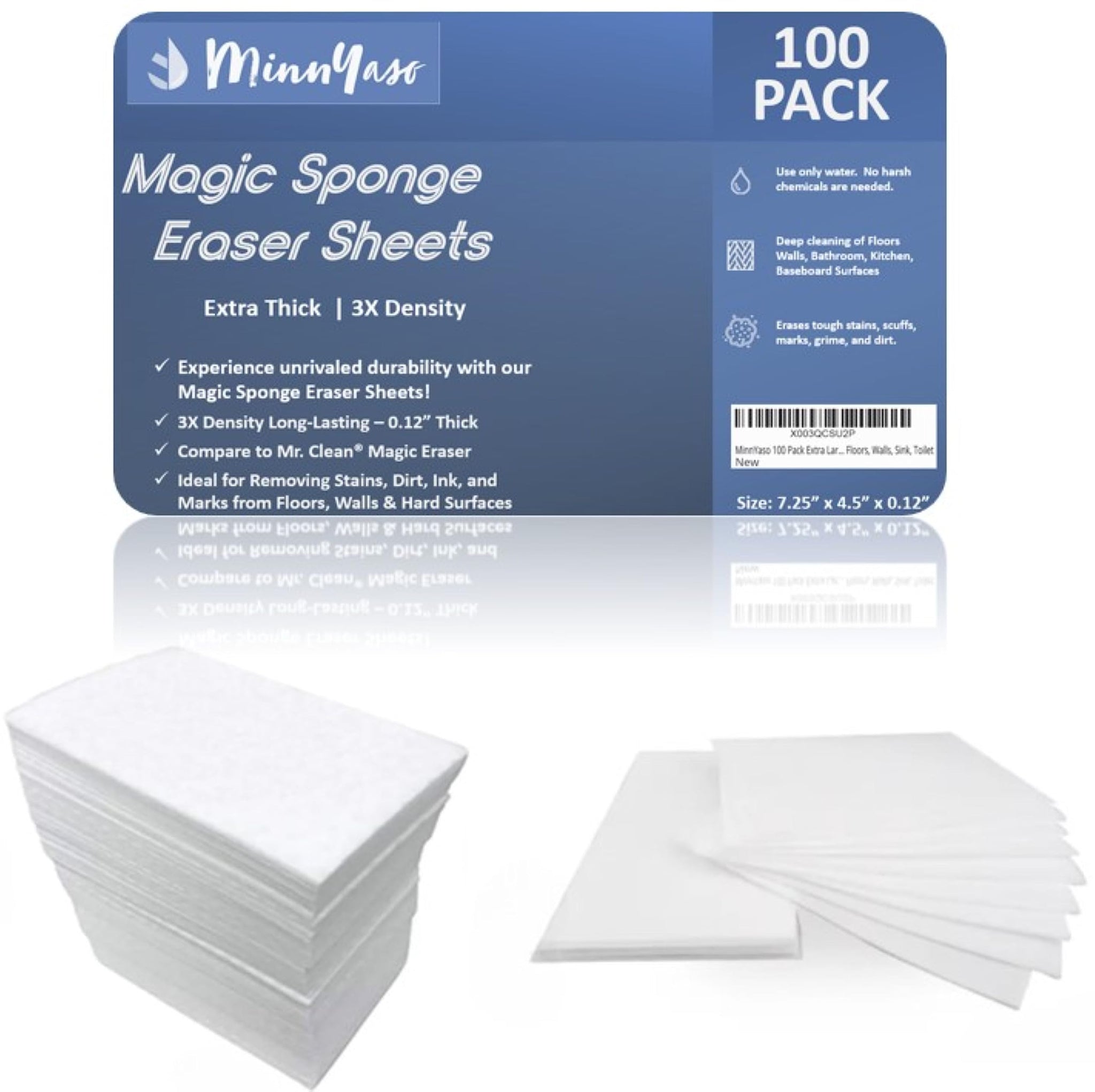 MinnYaso 100 Pack Extra Large - Extra Thick - Super Durable Magic Sponge Eraser Sheets 7.25" x 4.5" x 0.12" | All Purpose Household Cleaner Pads