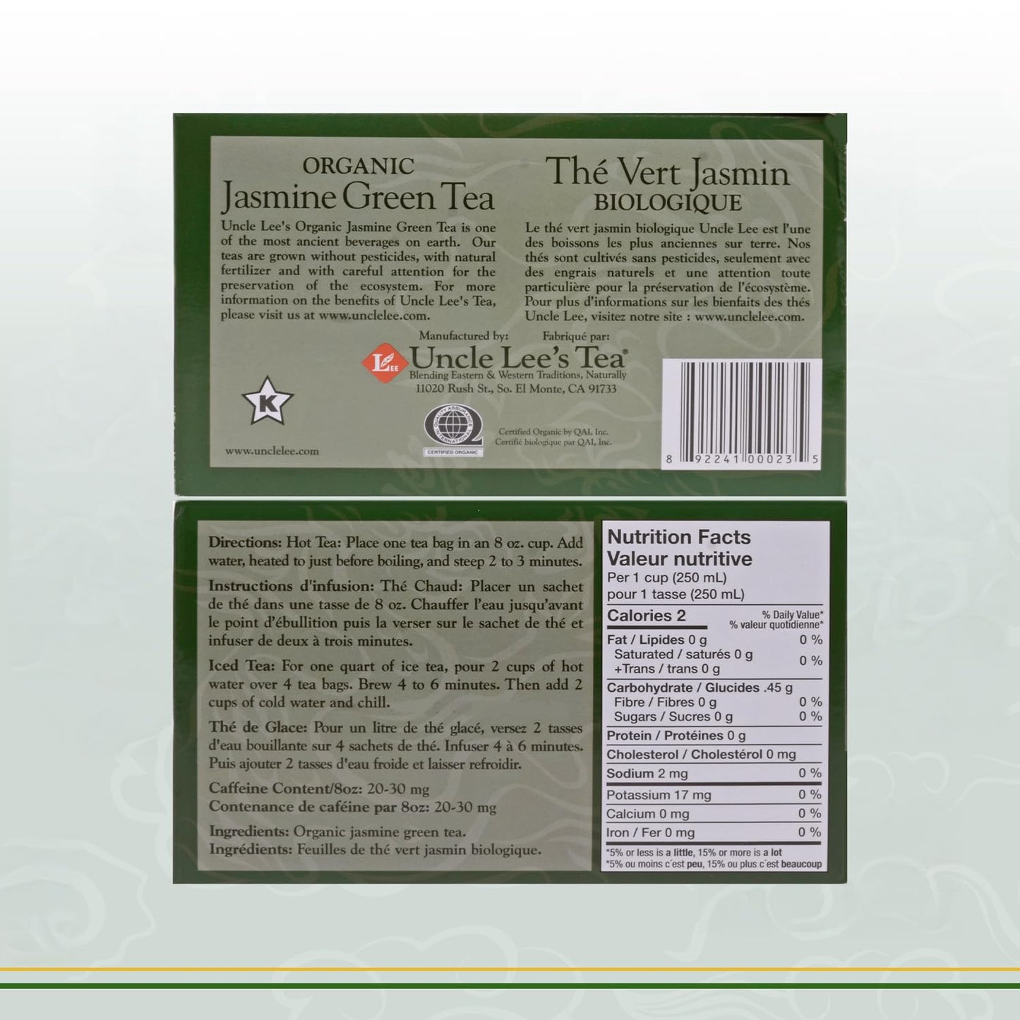 Uncle Lee's Organic Jasmine Green Tea Bags, 40 Count - Antioxidant-Rich, Low Caffeine, Naturally Uplifting Blend