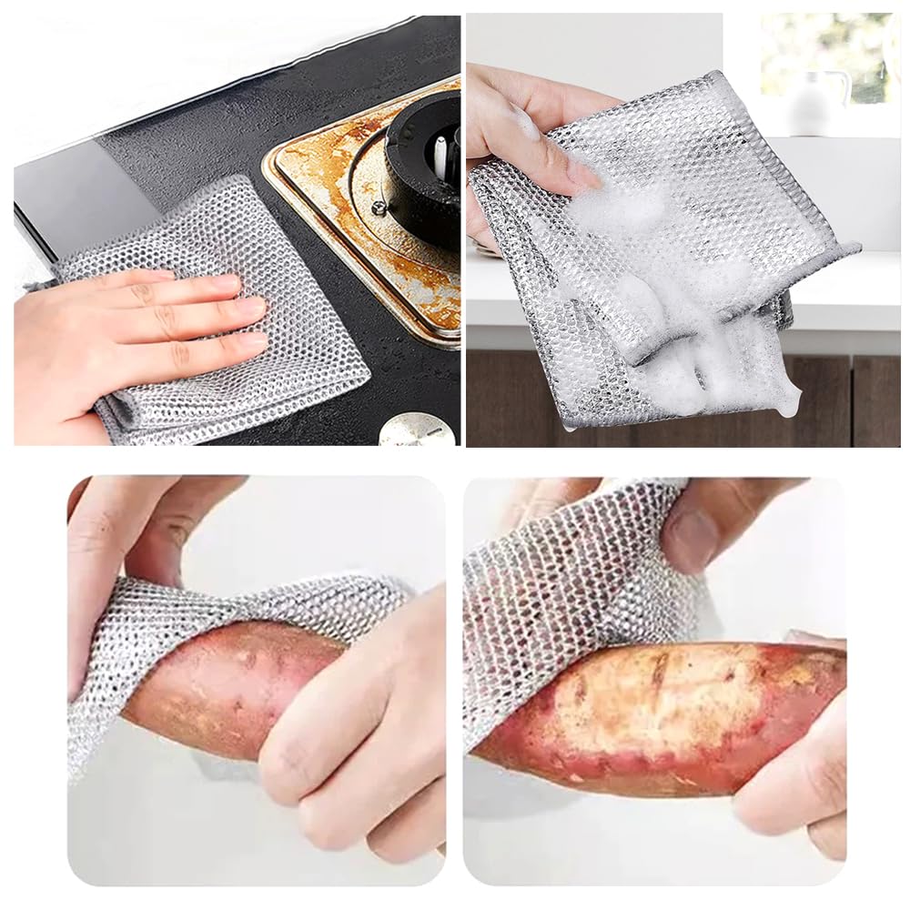 YinQin 6 PCS Double Layer Stainless Steel Cleaning Cloth Non Scratch Steel Mesh Dishwashing Cloths 20x20 cm Quick Dry Two Layer Metallic Wire Dish