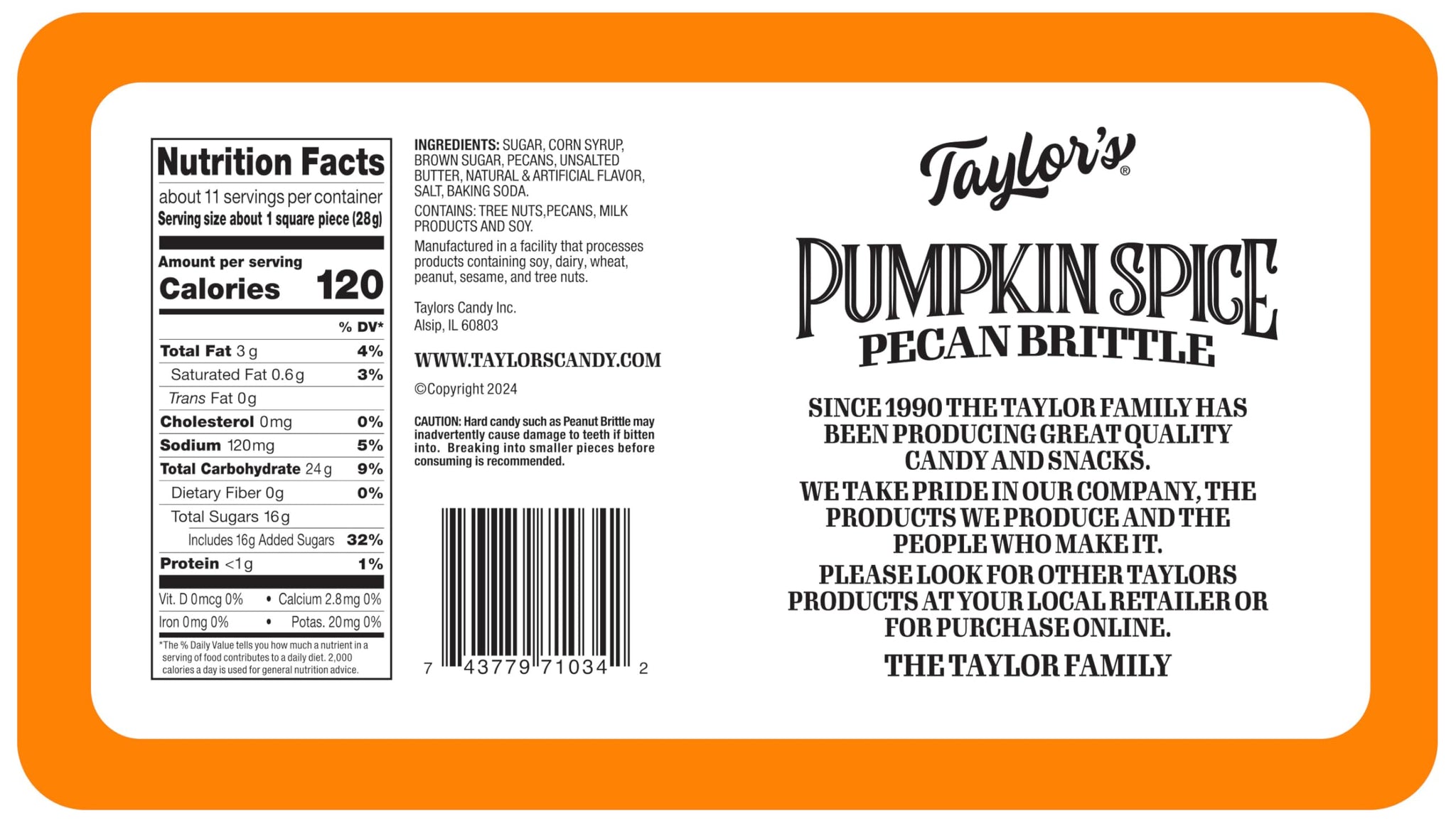 Pumpkin Spice Pecan Brittle Decoractive Tin, 2/11 oz Tins