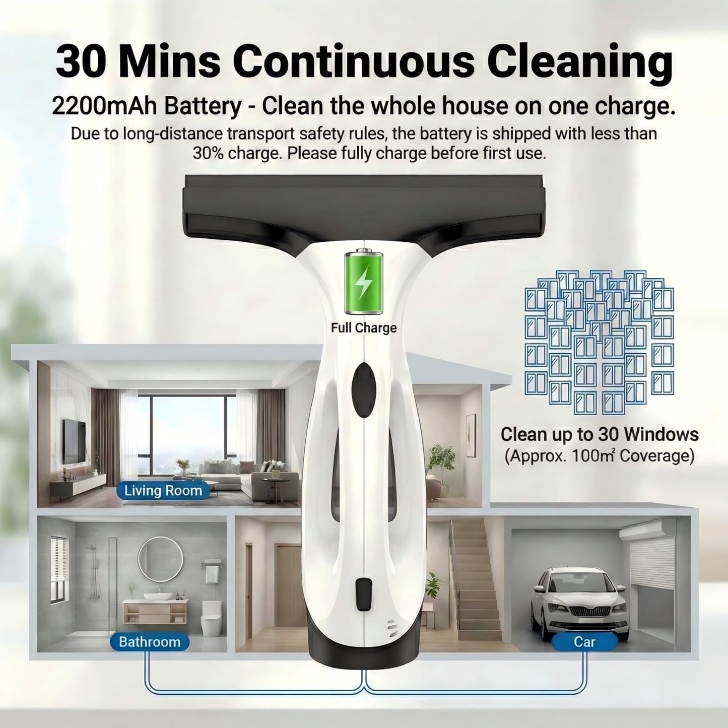 Electric Window Vacuum Squeegee, 2200mAh & 2000Pa Cordless Window Cleaner Tool with 150ml Water Collection Tank, Window Cleaning Kit for Shower Glass