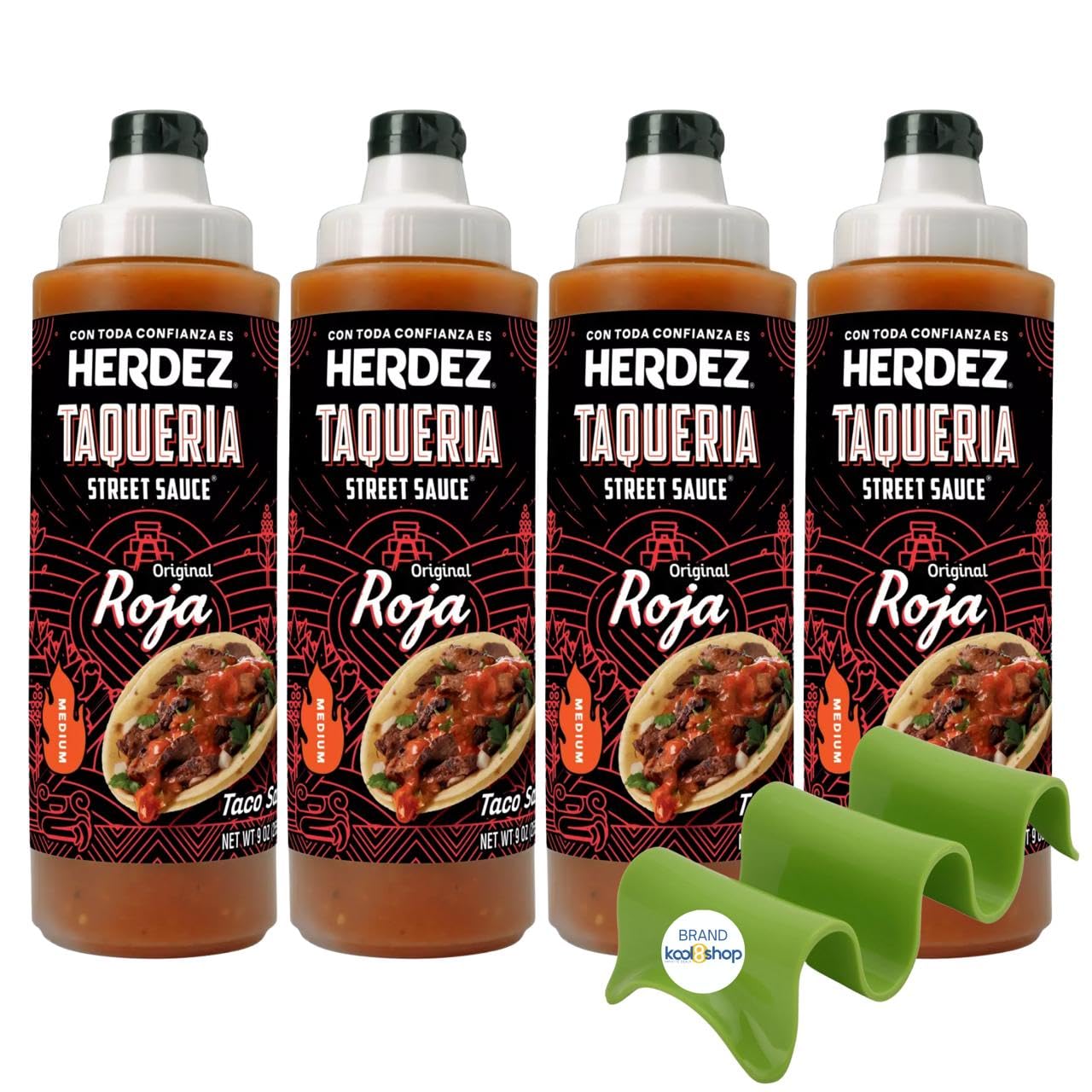 Herdez Taqueria Street Salsa Roja 9 oz Plastic Bottle 4 Pack + 1 Taco Stand by KOOL8SHOP Infinite Deals
