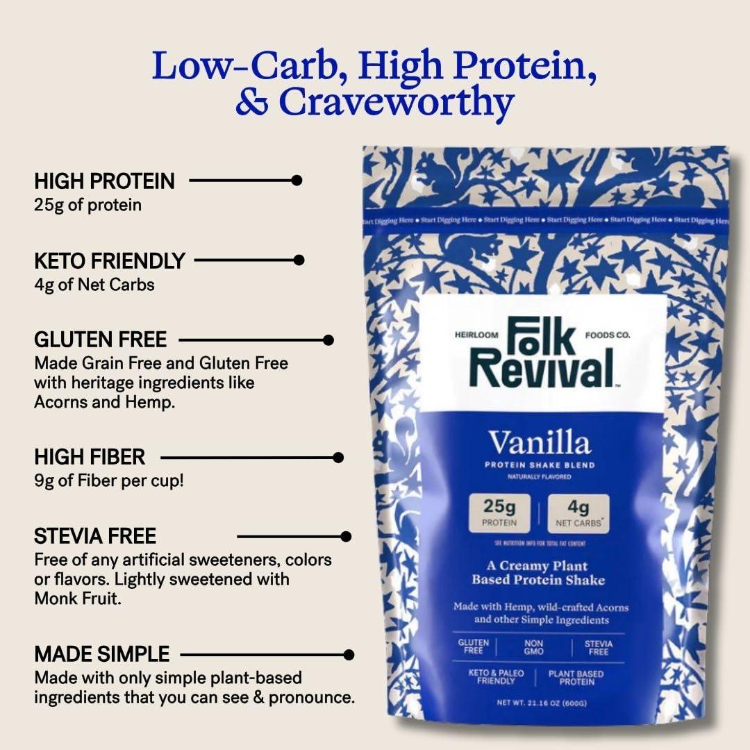 Folk Revival Vanilla Protein Shake Blend - Plant Based, Gluten-Free, Stevia Free - Vegan Protein with 25g Protein & 4g Net Carbs Per Serving - Smooth