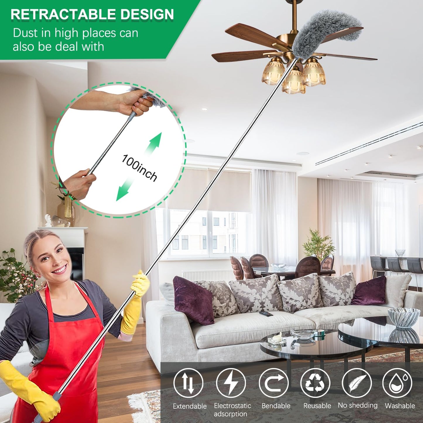 100" Microfiber Feather Dusters for Cleaning, Cobweb Duster with Extension Pole, Spider Web Brush & Ceiling Cleaning Tools, Dust Remover Set