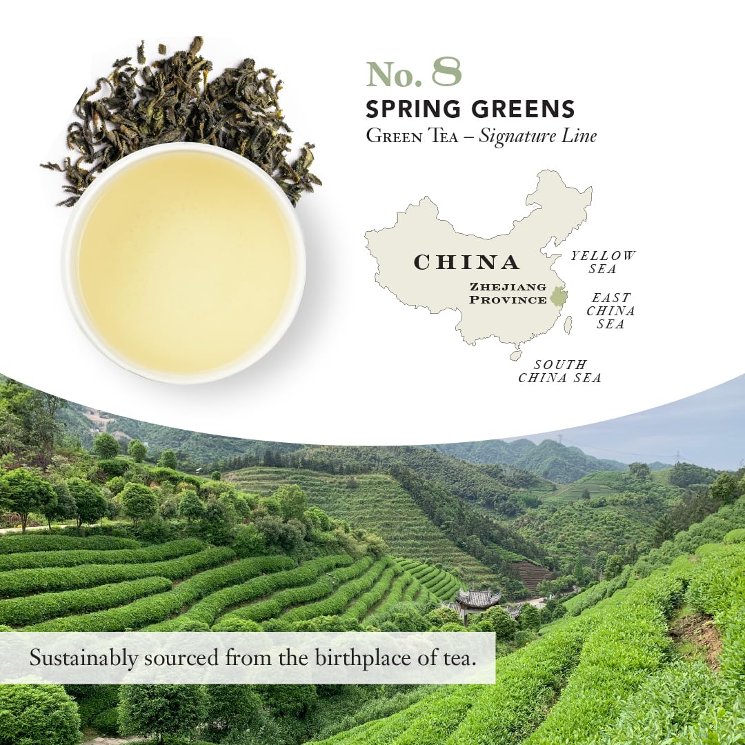 Smith Teamaker Spring Greens No. 8, Mao Feng Green Tea, Caffeinated, Sugar-Free, Sustainably Grown Full Leaf Green Tea, 15 Sachets, 1.3oz each
