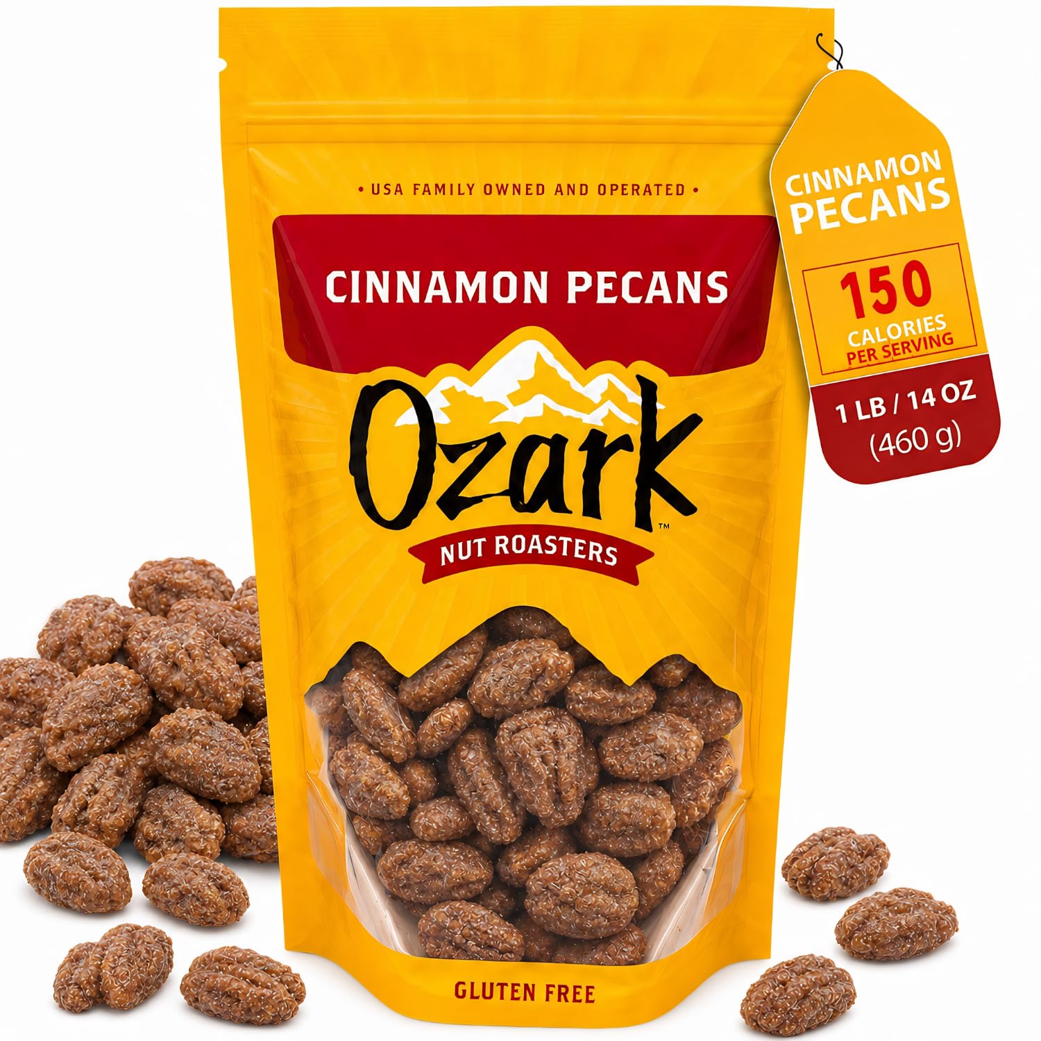 OZARK NUT ROASTERS: Cinnamon-Coated Pecans, Cinnamon Spice Flavored Snacks, World-Class Gourmet Candied Nuts, Resealable Pack (14 oz)