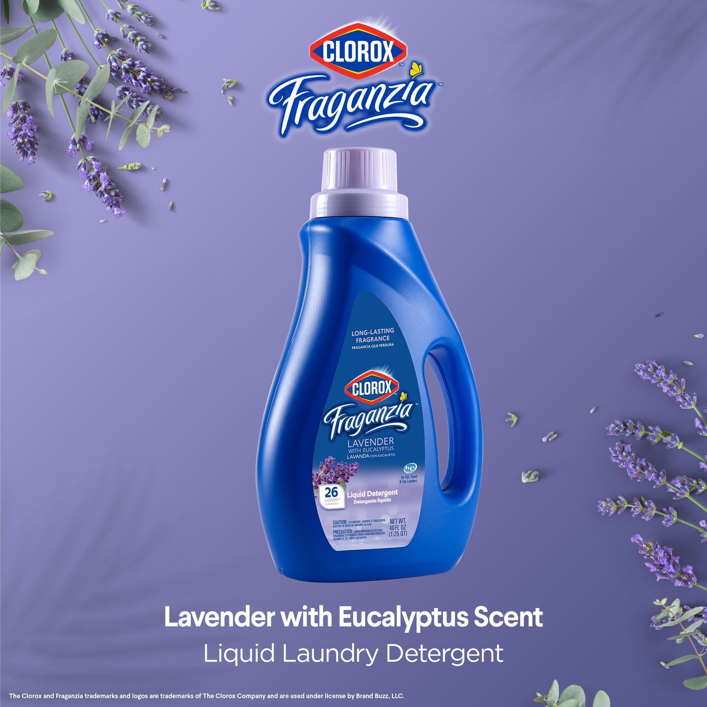 Clorox Fraganzia Liquid Laundry Detergent, Lavender with Eucalyptus Scent - HE Compatible for All Front and Top Load Washing Machines, Long-Lasting