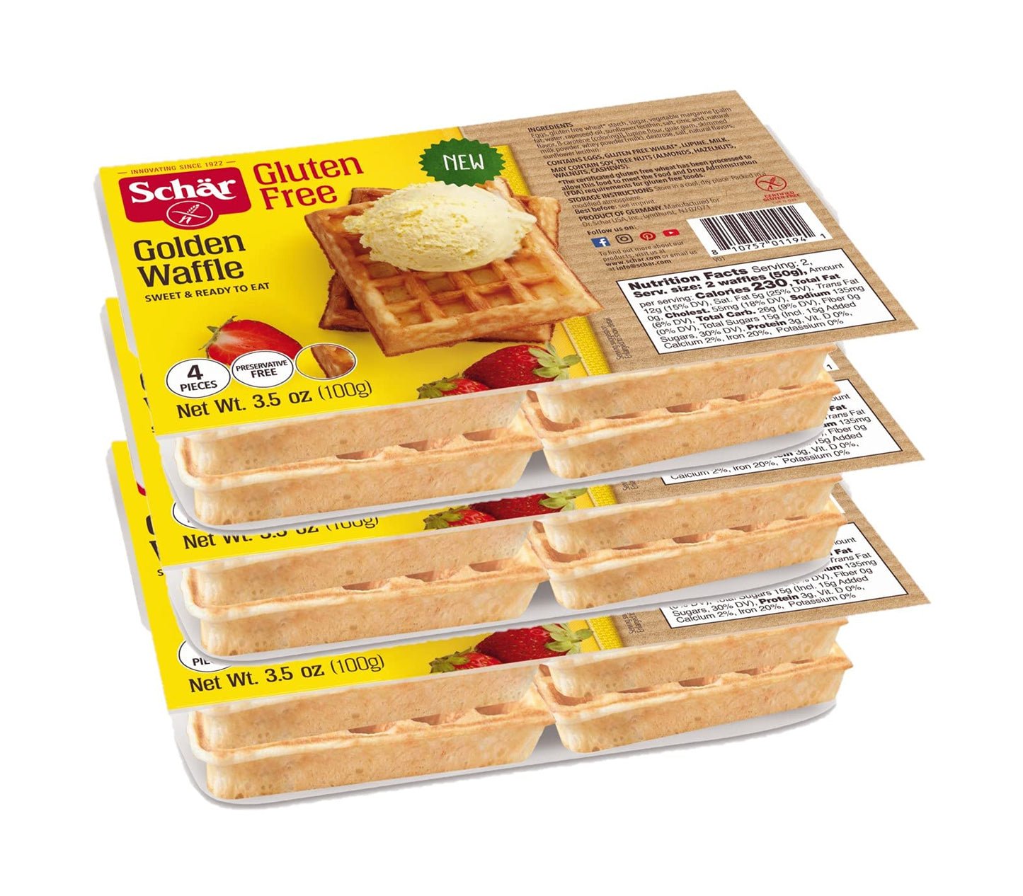Schar Gluten Free Golden Waffles 4-Pack | 3 Count (12 Waffles Total)