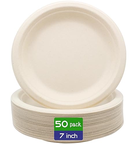 BLUE TOP 100% Compostable Disposable Paper Plates Heavy Duty Waterproof Plates-50 Pack 7 inch Eco-Friendly Plates, Natural Biodegradable Sugarca