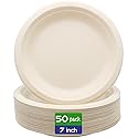 BLUE TOP 100% Compostable Disposable Paper Plates Heavy Duty Waterproof Plates-50 Pack 7 inch Eco-Friendly Plates, Natural Biodegradable Sugarca