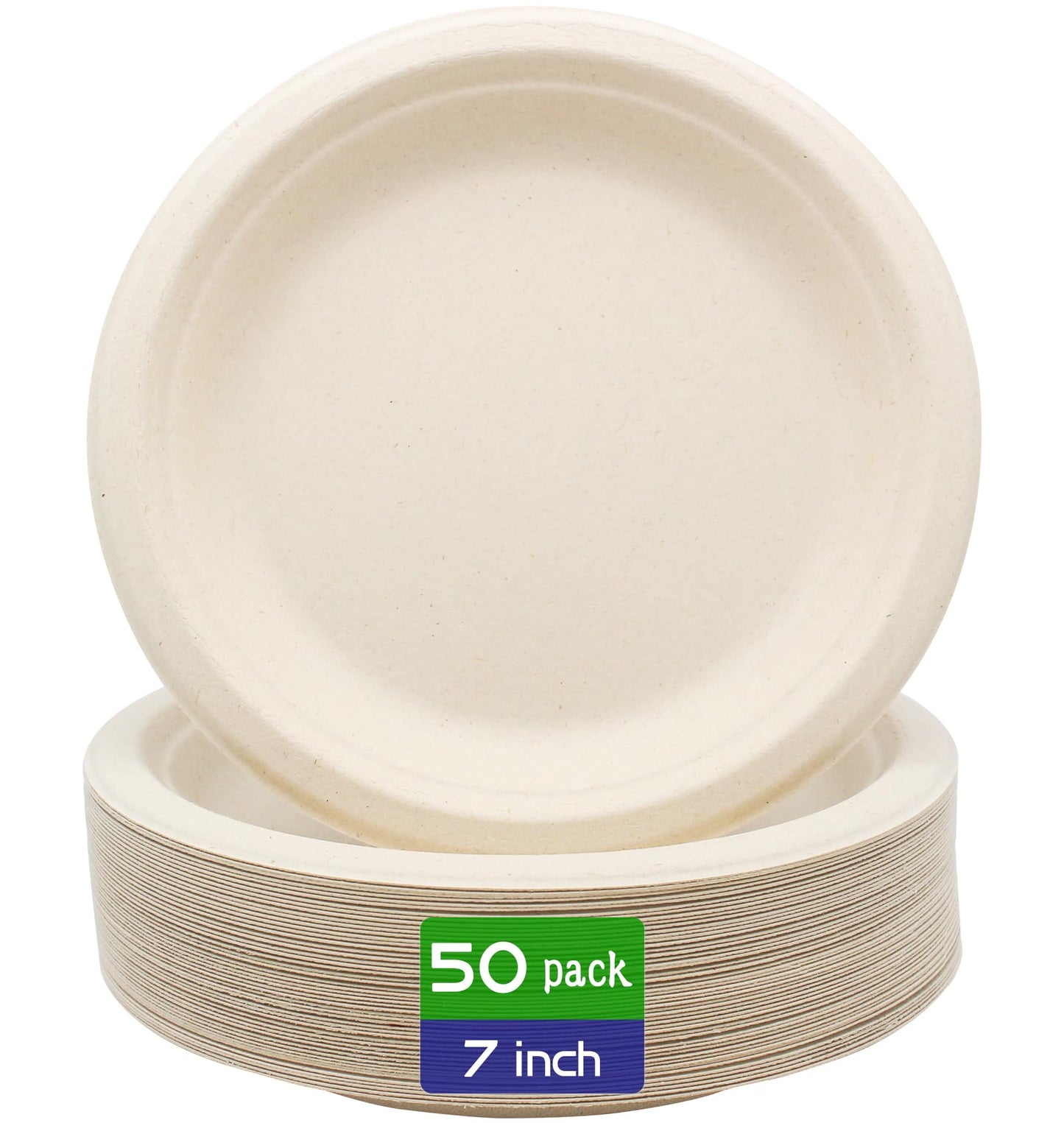 BLUE TOP 100% Compostable Disposable Paper Plates Heavy Duty Waterproof Plates-50 Pack 7 inch Eco-Friendly Plates, Natural Biodegradable Sugarca