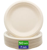 BLUE TOP 100% Compostable Disposable Paper Plates Heavy Duty Waterproof Plates-50 Pack 7 inch Eco-Friendly Plates, Natural Biodegradable Sugarca