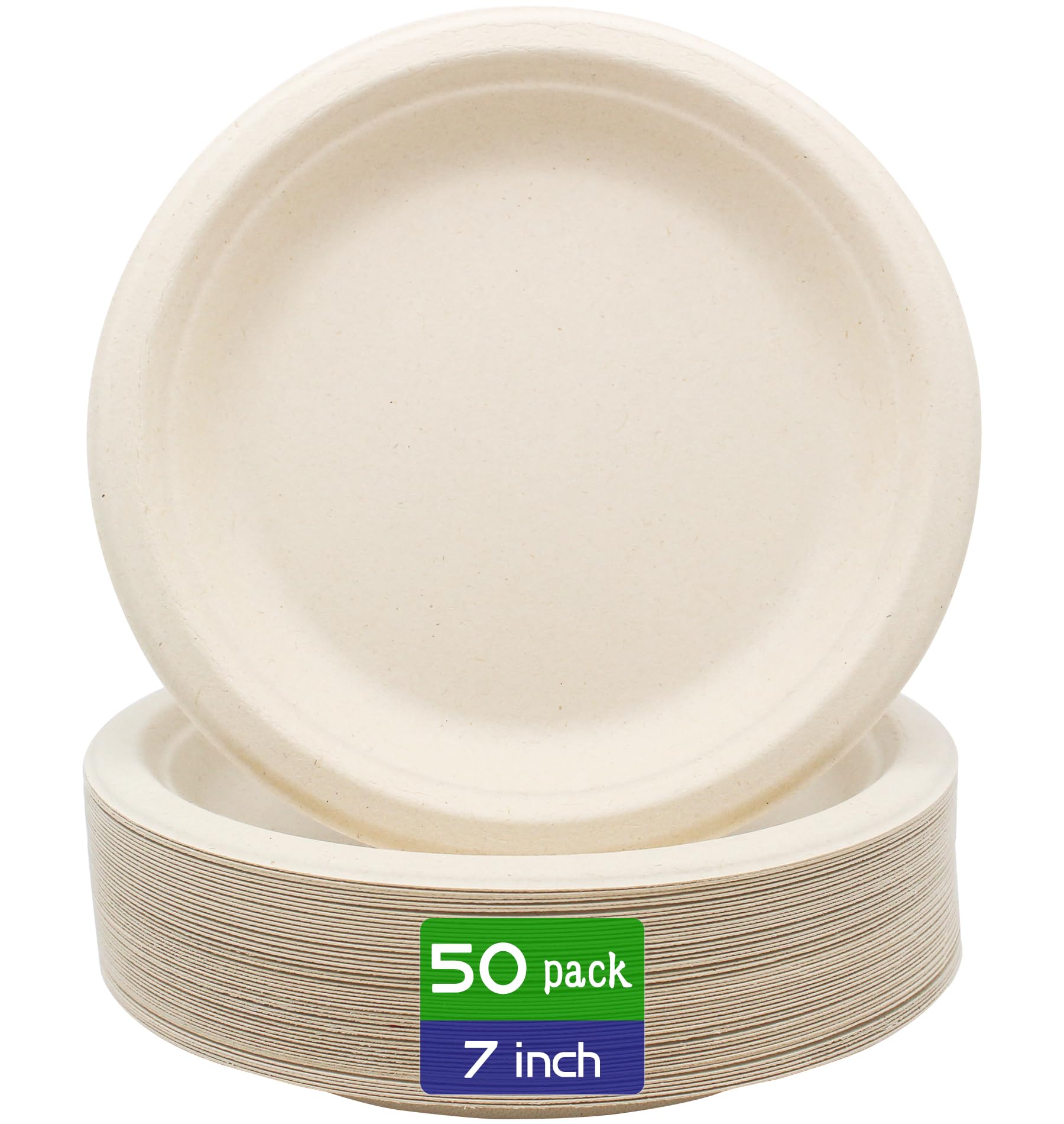 BLUE TOP 100% Compostable Disposable Paper Plates Heavy Duty Waterproof Plates-50 Pack 7 inch Eco-Friendly Plates, Natural Biodegradable Sugarca