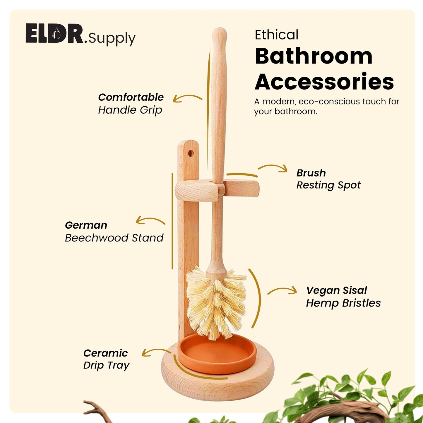ELDR Supply Toilet Bowl Cleaner Brush with Holder, 14 Inch Extra Long German Beechwood Handle, Strong Hemp Bristles, Ceramic Drip Tray, Biodegradable
