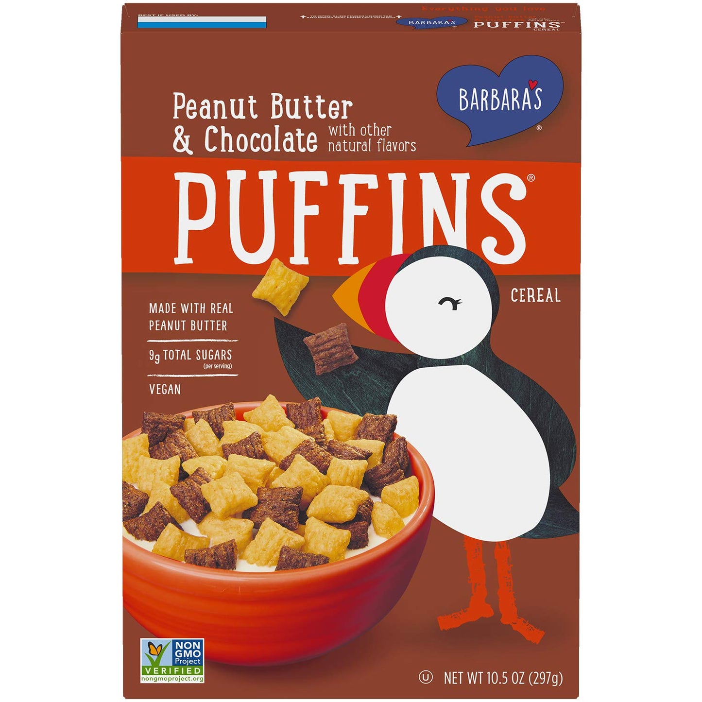 BARBARA'S Puffins Peanut Butter and Chocolate Cereal, Non-GMO, Vegan, 10.5 Oz Box (12 Count)