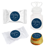Andaz Press Winter Navy Blue with Eucalyptus Blossoms Wedding Party Collection, Personalized Chocolate Drop Label Stickers Trio, Custom Name and Date