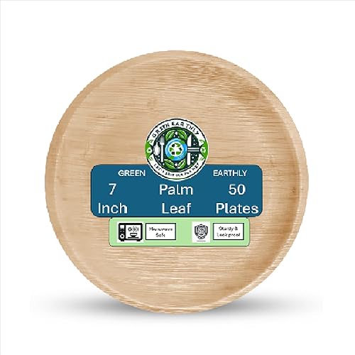 GREEN EARTHLY Bulk 7" Palm Leaf Disposable Plates (50-Count) - 100% Natural & Compostable Eco-friendly Plates for Desserts, Appetizers and Catering
