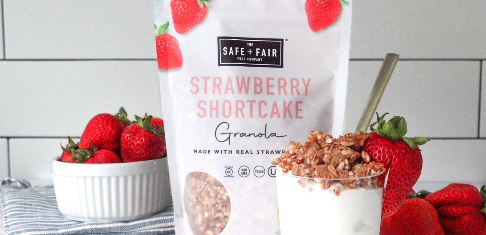 Safe + Fair Strawberry Shortcake Granola - Gluten-Free, Dairy-Free & Vegan Snack - Allergen-Free, Non-GMO, and No Artificial Ingredients - 12oz
