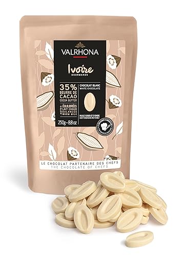 Valrhona Premium French Baking Creamy White Chocolate Discs (Feves) IVOIRE 35% Cacao. Easy Melt and Tempering. Hints of Vanilla & Warm Milk. For Sauces, Mousses, Frostings and Candies 250g (Pack of 1)