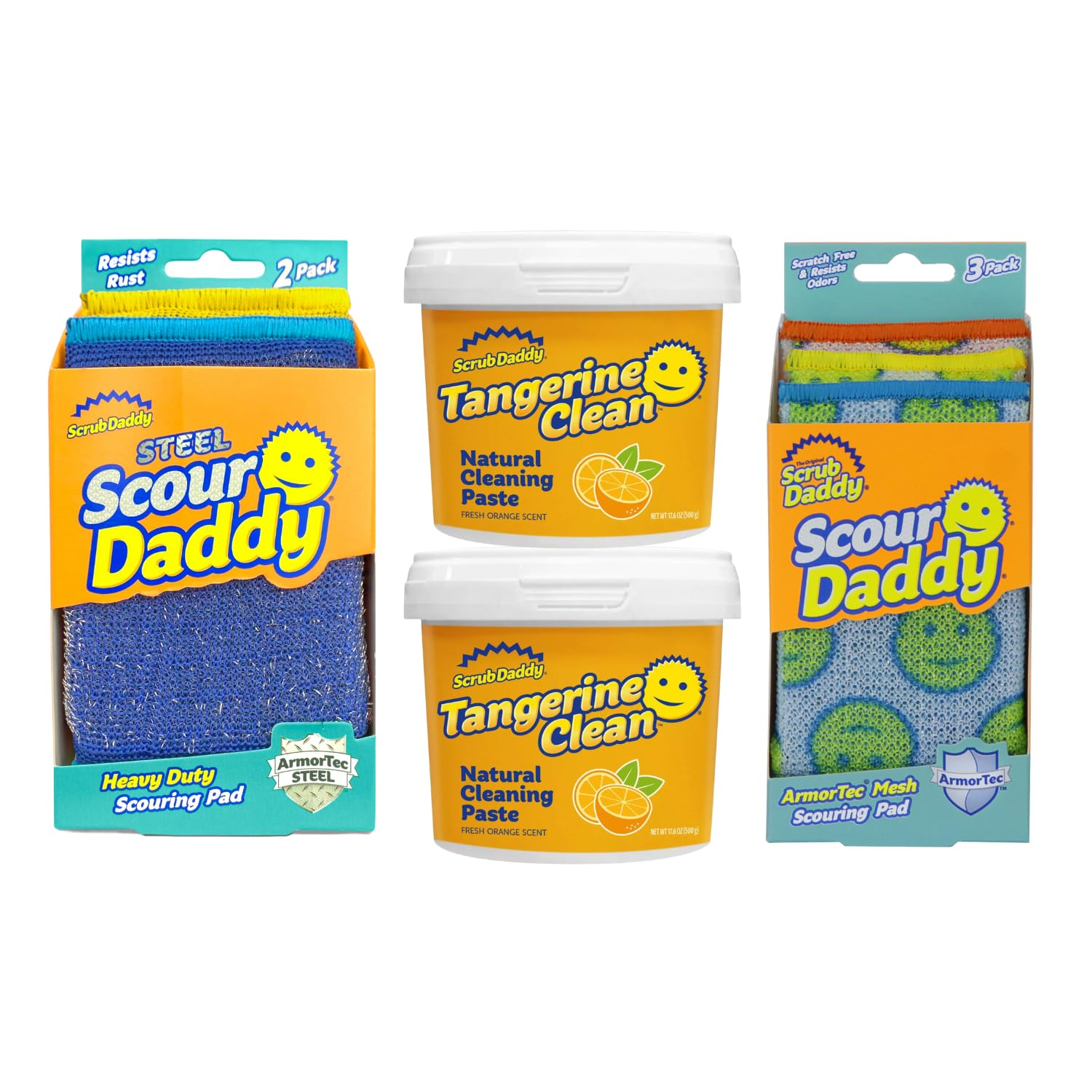 Scrub Daddy Deep Clean Kit - Scour Daddy Scour Pads (3ct), Steel Scrubbing Sponges (2ct) & Tangerine Multi Surface Cleaner (2ct) - Kitchen + Household