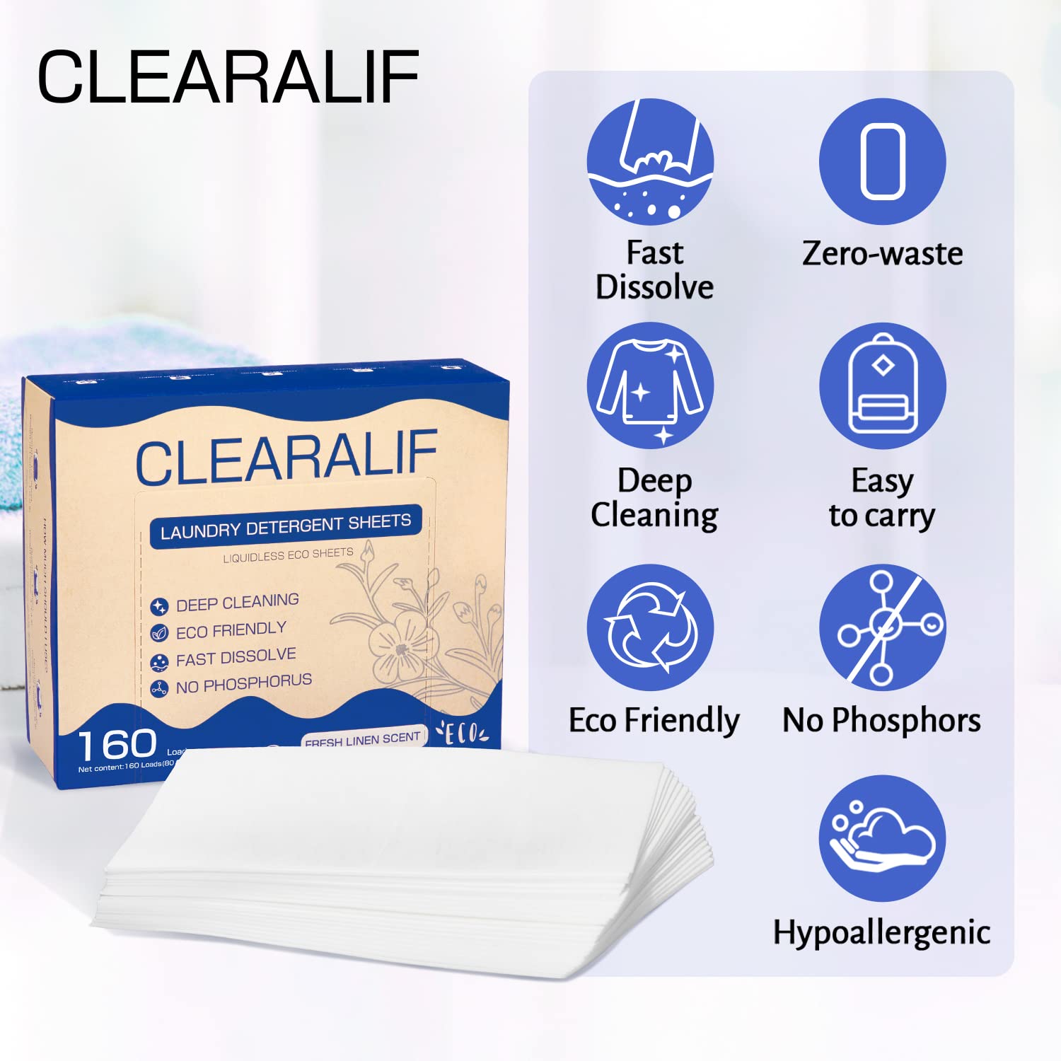 CLEARALIF Laundry Detergent Sheets Up to 160 Loads, Fresh Linen - Great For Travel,Apartments, Dorms,Laundry Detergent Strips Eco Friendly