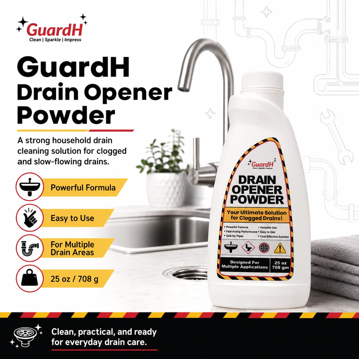 GuardH Drain Opener Powder 25 oz (708 g) - Fast-Acting Drain Cleaner for Kitchen Sink, Bathroom Drains, Shower & Pipes - Powerful Grease, Hair & Clog