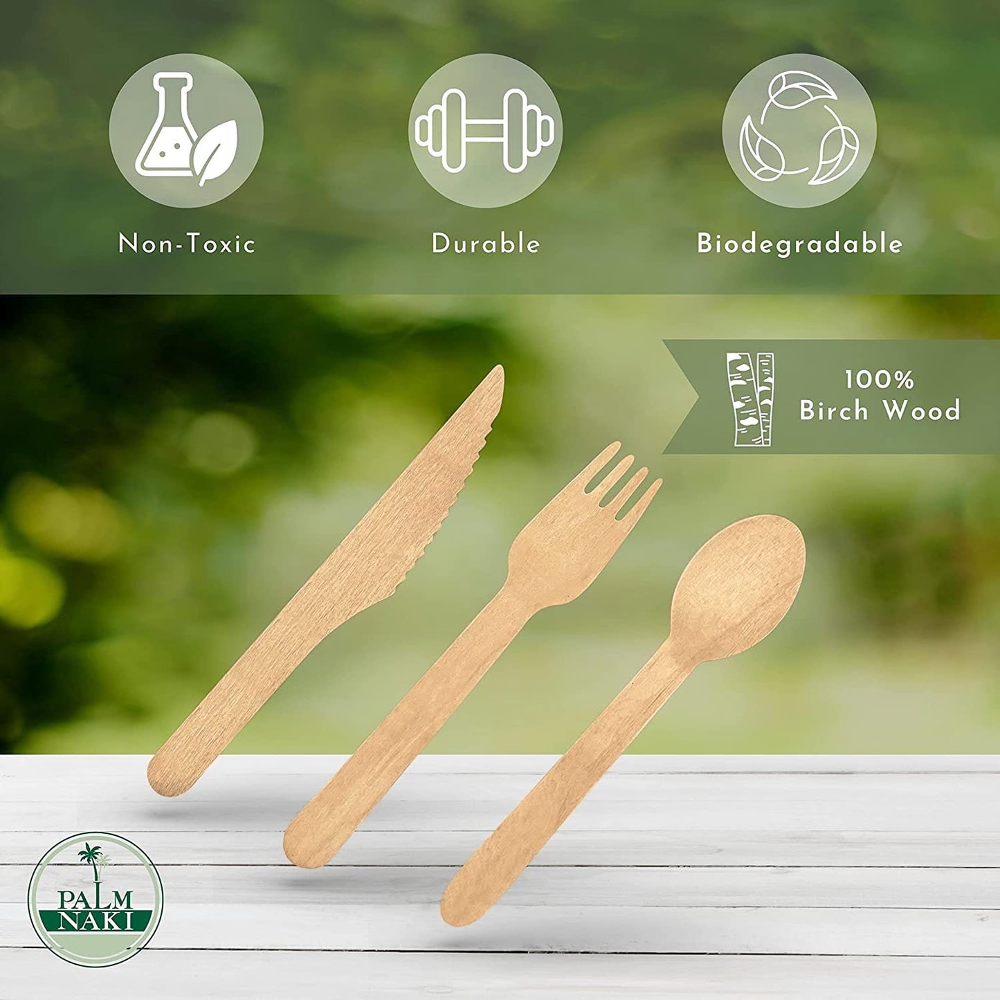 PALM NAKI Birchwood Cutlery (40 Count) - Disposable Dinnerware, Eco-Friendly, Compostable and Biodegradable Cutlery (Cutlery Set, 120 Pack)