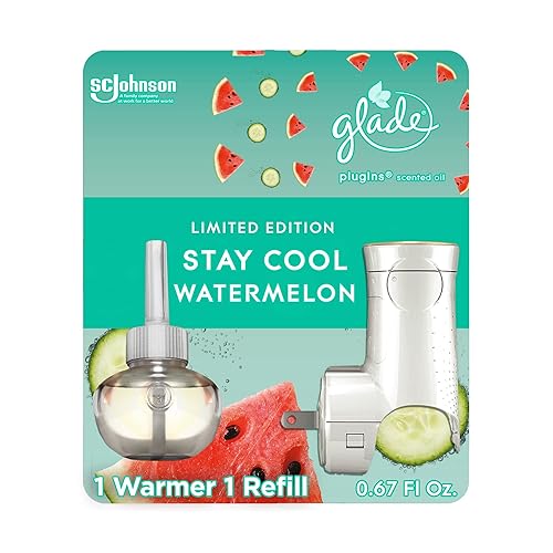 Glade PlugIns Refills Air Freshener Starter Kit, Scented and Essential Oils for Home and Bathroom, Stay Cool Watermelon, 0.67 Fl Oz, 1 Warmer + 1