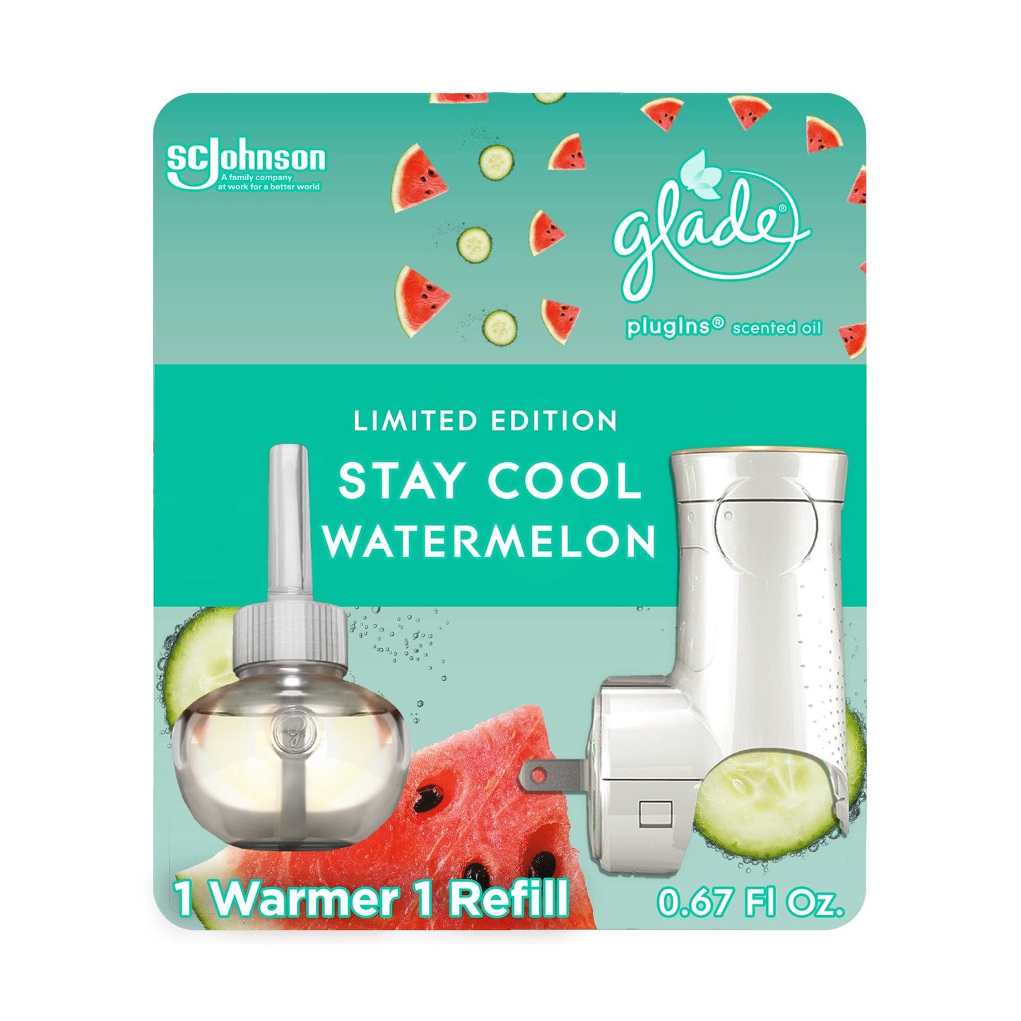 Glade PlugIns Refills Air Freshener Starter Kit, Scented and Essential Oils for Home and Bathroom, Stay Cool Watermelon, 0.67 Fl Oz, 1 Warmer + 1