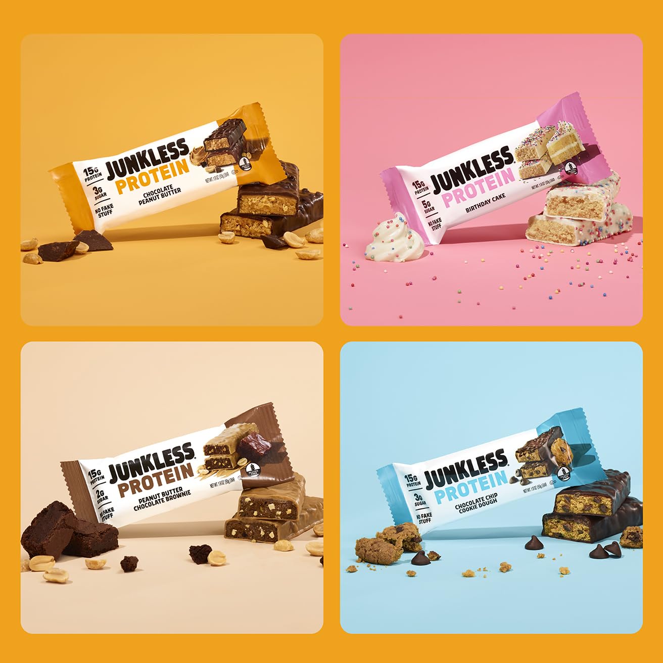 JUNKLESS Protein Bars Variety Pack | Chocolate Peanut Butter, PB Chocolate Brownie, Birthday Cake & Choc Chip Cookie Dough | 15g Protein, No Added