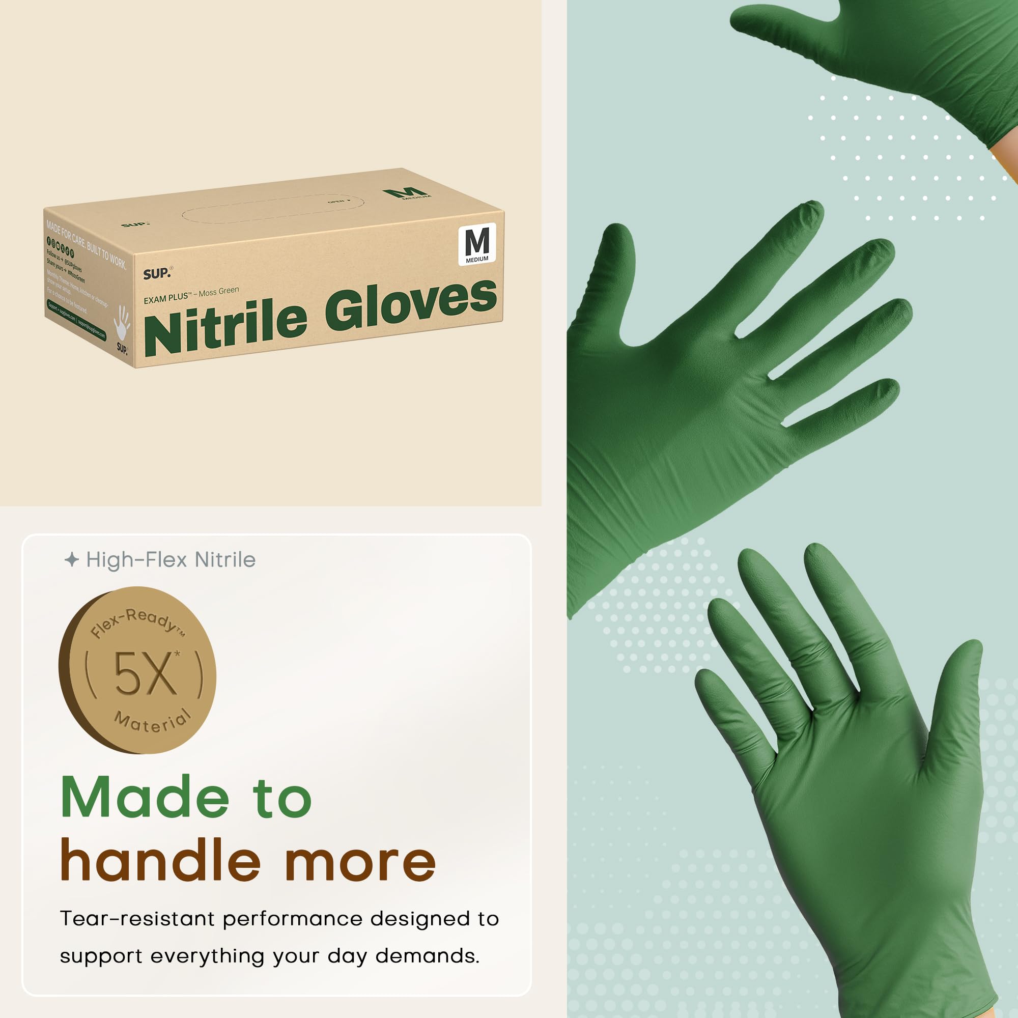SUP Powder-Free Nitrile Gloves, 100 Count Food Safe Latex-Free Disposable Gloves for Medical Cooking Household Cleaning Food Prep, Green (Medium)