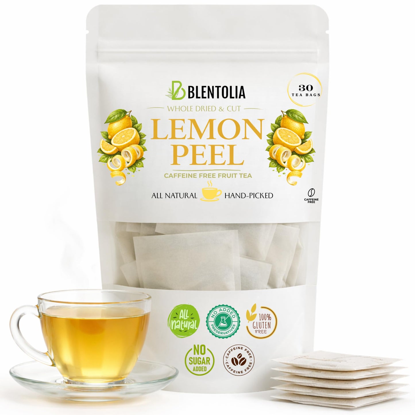 Blentolia Dried Lemon Peel - 30 Herbal Tea Bags - Caffeine-Free, Zesty & Refreshing Citrus Infusion - Natural Antioxidant & Digestive Support