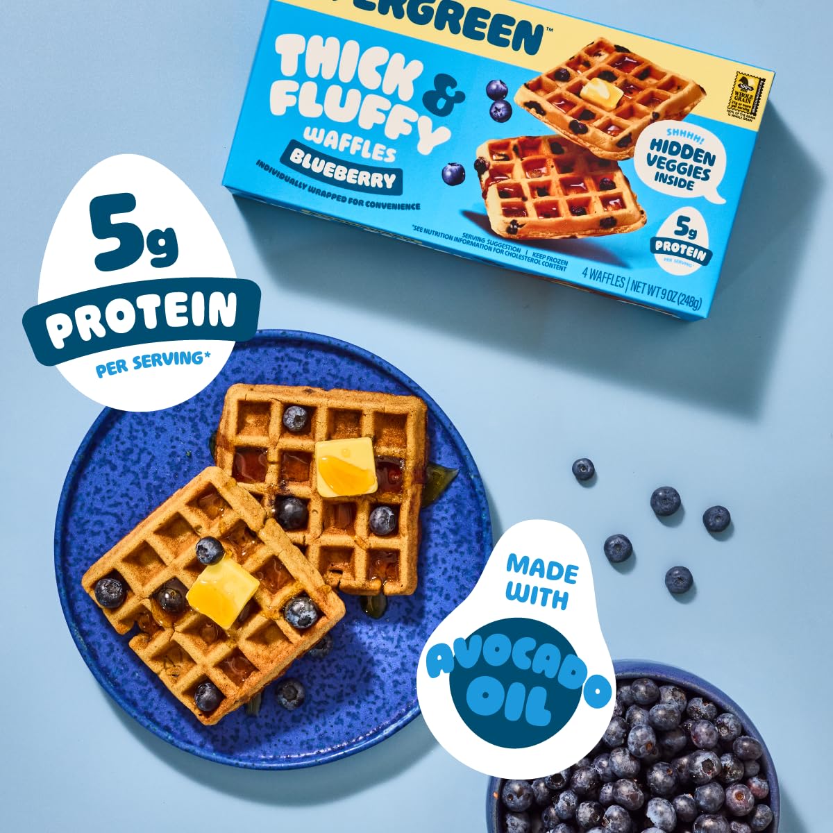 Evergreen Thick & Fluffy Waffles, Blueberry - Whole Grains, No Preservatives, Nut-Free, Individually Wrapped, Air Fryer Ready, Frozen Breakfast, 9 oz