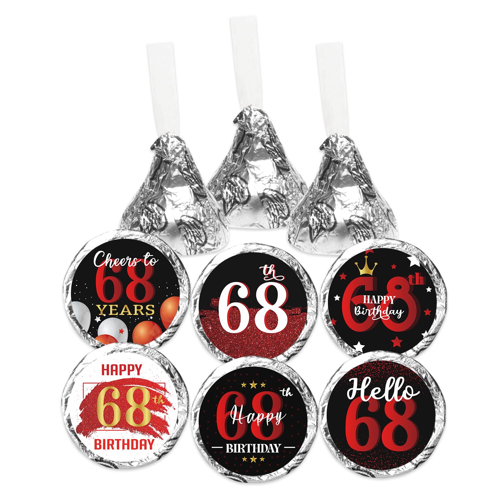 Happy 68th Birthday Party Favor Labels Chocolate Kisses Candy Stickers - 68 Years Old Birthday Round Candy Sticker Party Favors - Black and Red - 150