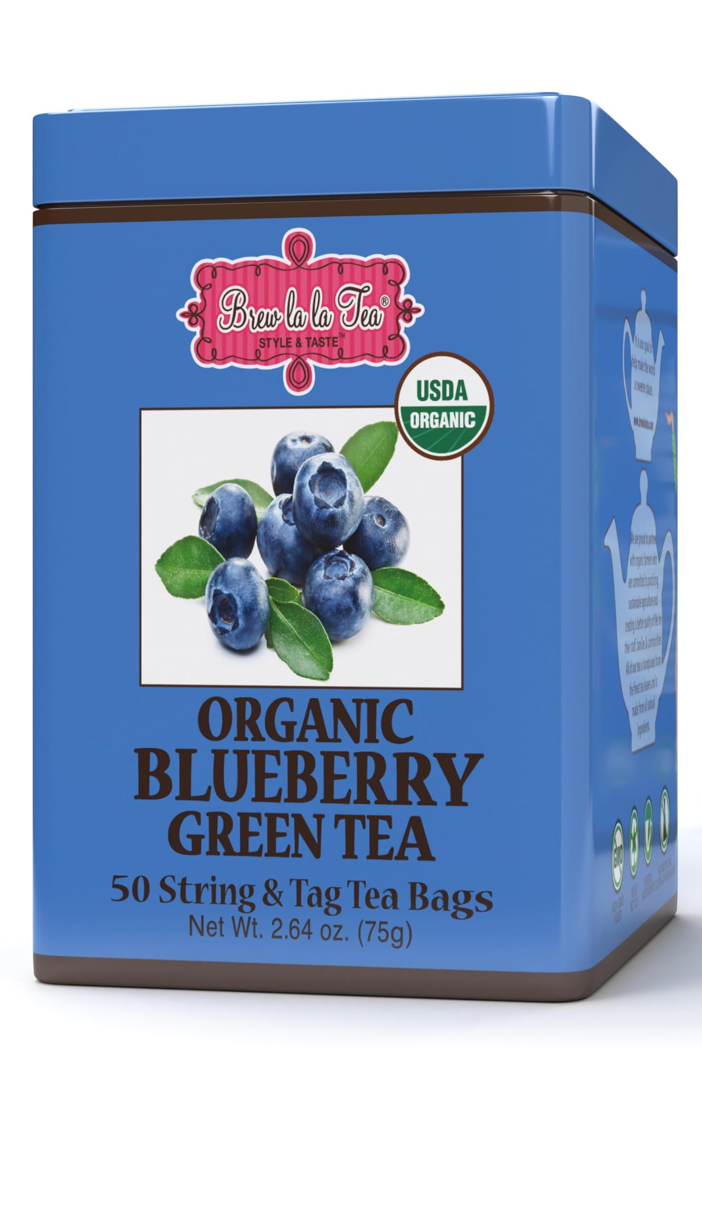 Brew La La Organic Green Tea - Natural Blueberry Flavor - 50 Double Chambered Bags - Low Caffeine Gourmet Tea - Certified Organic