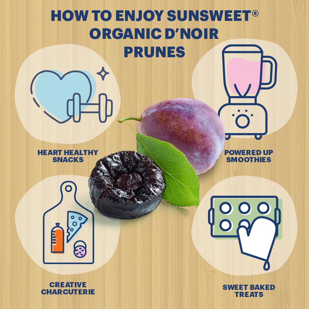 Sunsweet D'Noir Organic Prunes - Prunes Pitted Unsweetened & Dried - Gluten Free, Preservative Free, Vegan - Fiber & Minerals - 7 oz Pouch x 6 Pack