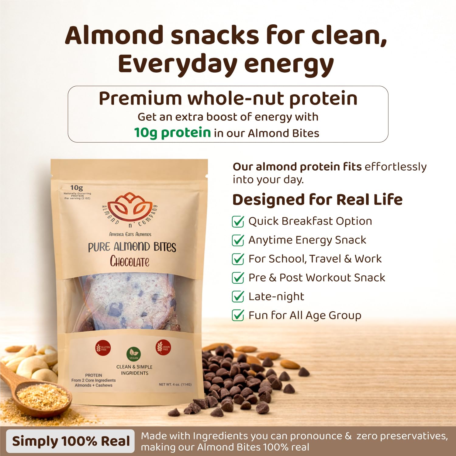 ALMOND N’ COMPANY Pure Almond Bites - 10g Protein, Chocolate Flavor, Grain-Free, Gluten-Free, Vegan, Clean Ingredient Energy Bites, High Protein Snack
