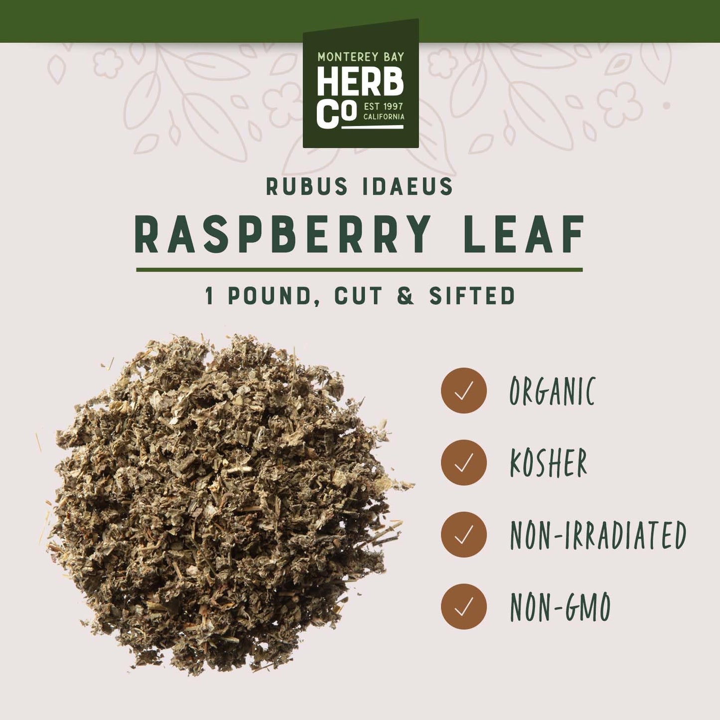 Organic Raspberry Leaf Cut & Sifted, by Herb Co, Rubus Idaeus, from Albania, Kosher, for Tea, Apple Cider Vinegar, Salves, Lotions, Creams, Toner