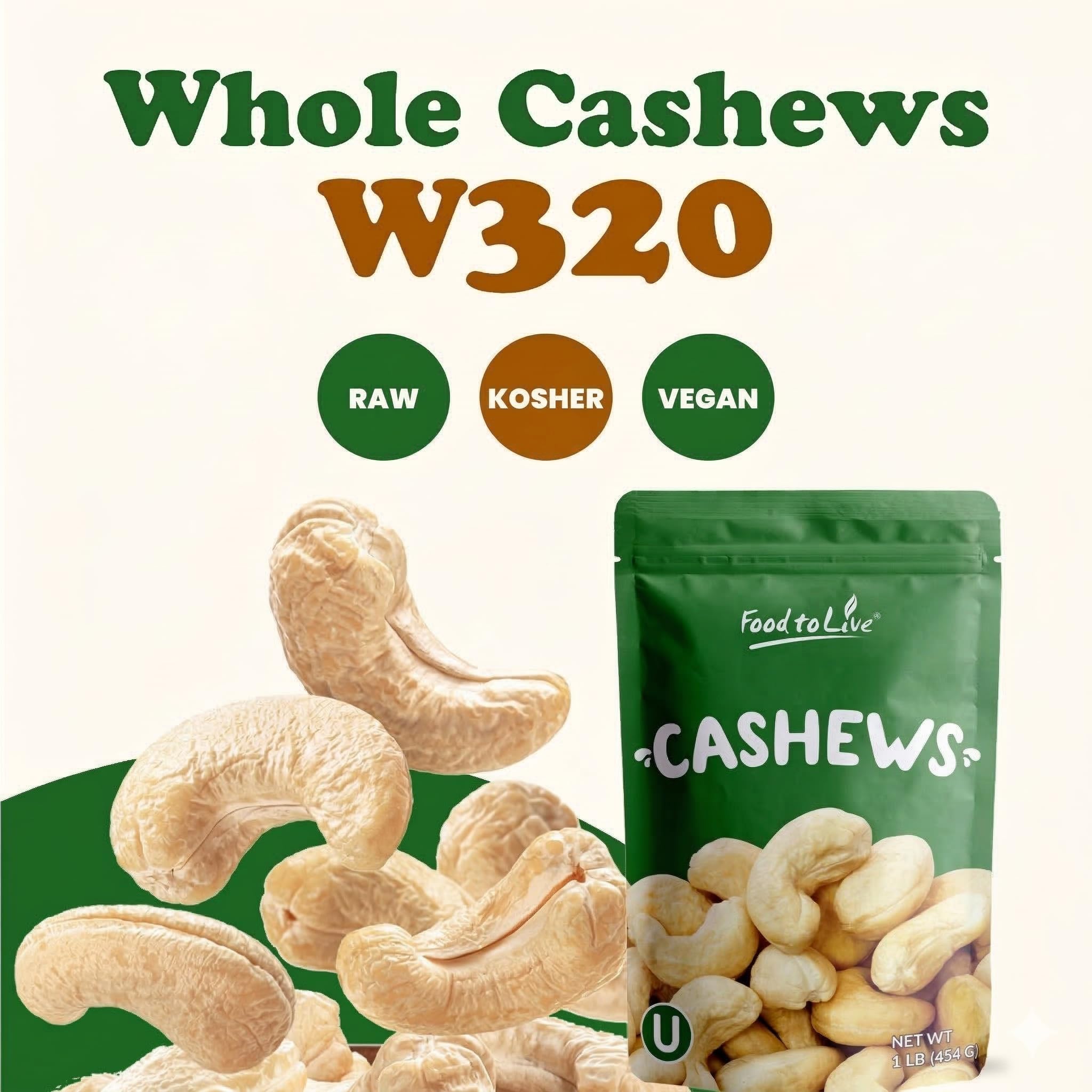 Food to Live Raw Cashews, 8 Ounces Deluxe Whole Nuts, Unsalted, Unroasted Fancy Snack, Size W-320, Kosher, Vegan, Bulk, A good source of Magnesium