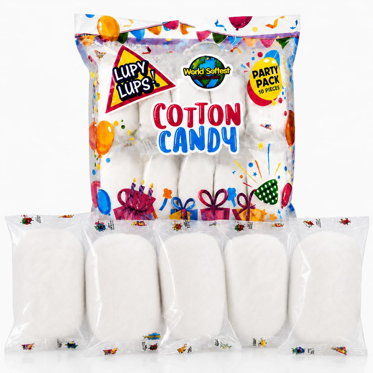 Lupy Lups! Cotton Candy Party Pack - Individually Wrapped Small bags, 0.5 oz Each - Perfect for Stockings, Treats, Party Favors, Buffet Tables,